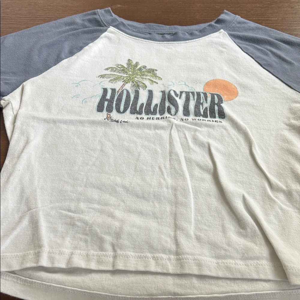 Hollister White and Blue Graphic Raglan Tee